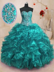 Exquisite Teal Lace Up Sweetheart Beading and Ruffles Sweet 16 Quinceanera Dress Organza Sleeveless Sweep Train