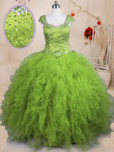 Olive Green Lace Up Vestidos de Quinceanera Beading and Ruffles Short Sleeves Floor Length