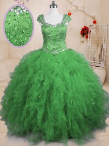 Cap Sleeves Lace Up Floor Length Beading and Ruffles Quinceanera Gowns