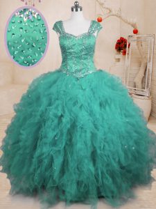 Excellent Cap Sleeves Tulle Floor Length Lace Up Quince Ball Gowns in Turquoise with Beading and Ruffles