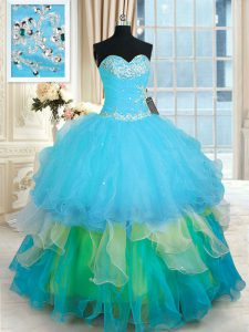 Best Selling Sweetheart Sleeveless Quinceanera Dress Floor Length Beading and Ruffled Layers Multi-color Organza
