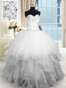 Discount White Ball Gowns Beading and Ruffles Sweet 16 Dress Lace Up Organza Sleeveless Floor Length