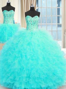 Cute Three Piece Aqua Blue Tulle Lace Up Party Dresses Sleeveless Floor Length Beading and Ruffles