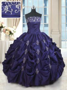 Modest Dark Purple Strapless Neckline Beading and Appliques and Embroidery and Pick Ups Quinceanera Gowns Sleeveless Lace Up