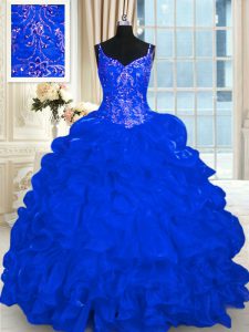 Spaghetti Straps Sleeveless Organza Vestidos de Quinceanera Beading and Embroidery and Ruffles and Pick Ups Brush Train Lace Up
