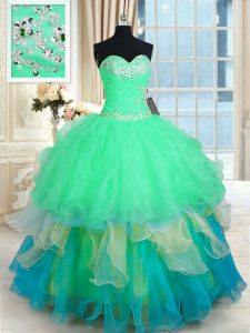 Sweetheart Sleeveless Organza Vestidos de Quinceanera Beading and Appliques and Ruffles Lace Up