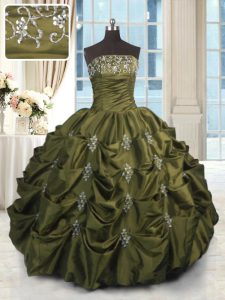 Enchanting Olive Green Lace Up Strapless Beading and Appliques and Embroidery and Pick Ups 15 Quinceanera Dress Taffeta Sleeveless