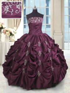 Sophisticated Burgundy Strapless Lace Up Beading and Appliques and Embroidery and Pick Ups Quinceanera Dresses Sleeveless