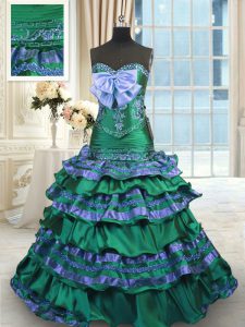 Sweetheart Sleeveless Taffeta Quinceanera Gowns Appliques and Embroidery and Ruffled Layers and Bowknot Brush Train Lace Up
