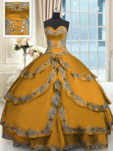 Beading and Embroidery and Ruffled Layers Vestidos de Quinceanera Gold Lace Up Sleeveless Floor Length