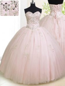 Cute Baby Pink Tulle Lace Up Sweetheart Sleeveless Floor Length 15th Birthday Dress Beading and Appliques