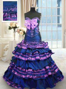 Low Price Sleeveless Brush Train Appliques and Ruffled Layers and Bowknot Lace Up Sweet 16 Dresses