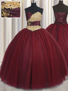 Fancy Wine Red Sleeveless Floor Length Beading and Appliques Lace Up Quince Ball Gowns