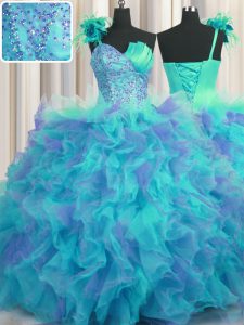 Suitable One Shoulder Handcrafted Flower Beading and Ruffles and Hand Made Flower Ball Gown Prom Dress Multi-color Lace Up Sleeveless Floor Length