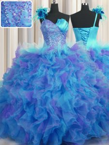 Handcrafted Flower Tulle One Shoulder Sleeveless Lace Up Beading and Ruffles and Hand Made Flower Quince Ball Gowns in Multi-color