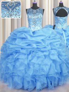 Latest See Through Floor Length Ball Gowns Sleeveless Light Blue Vestidos de Quinceanera Lace Up