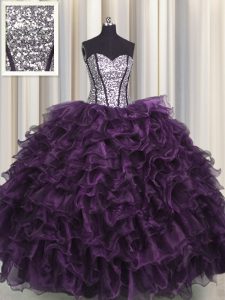 High Quality Visible Boning Sleeveless Organza and Sequined Floor Length Lace Up Vestidos de Quinceanera in Dark Purple with Ruffles and Sequins