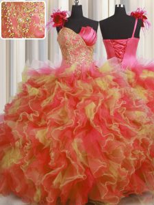 Handcrafted Flower Multi-color One Shoulder Neckline Beading and Ruffles and Hand Made Flower Sweet 16 Quinceanera Dress Sleeveless Lace Up