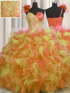 Beauteous Handcrafted Flower One Shoulder Sleeveless Tulle 15 Quinceanera Dress Beading and Ruffles and Hand Made Flower Lace Up