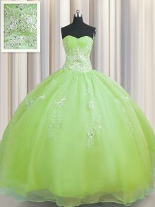 Spectacular Zipper Up Sleeveless Floor Length Beading and Appliques Zipper Quinceanera Gowns with Olive Green