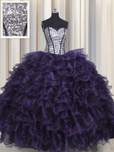 Clearance Visible Boning Sweetheart Sleeveless 15th Birthday Dress Floor Length Ruffles and Sequins Purple Organza and Sequined