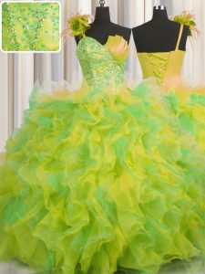 One Shoulder Handcrafted Flower Multi-color Tulle Lace Up Sweet 16 Dresses Sleeveless Floor Length Beading and Ruffles and Hand Made Flower