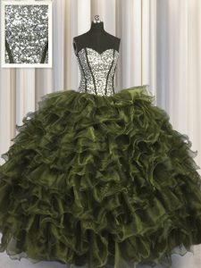 Simple Visible Boning Organza and Sequined Sweetheart Sleeveless Lace Up Ruffles and Sequins Vestidos de Quinceanera in Olive Green