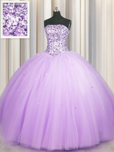 Fancy Really Puffy Lavender Sleeveless Floor Length Beading and Sequins Lace Up Quinceanera Dresses