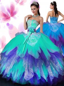 Stunning Sweetheart Sleeveless Tulle Vestidos de Quinceanera Appliques and Ruffled Layers and Hand Made Flower Lace Up