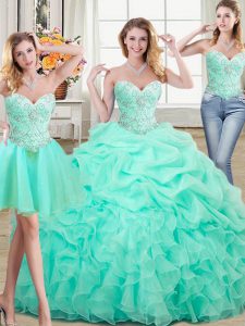 Spectacular Three Piece Sleeveless Organza Floor Length Lace Up Quinceanera Gowns in Apple Green with Beading and Ruffles and Pick Ups