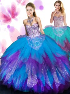 Gorgeous Multi-color Lace Up Quinceanera Dresses Beading and Ruffled Layers Sleeveless Floor Length