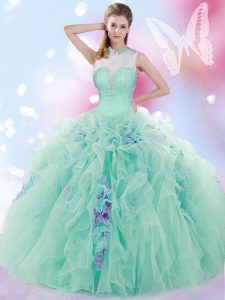 Lovely Sleeveless Floor Length Beading and Ruffles Lace Up Quinceanera Dresses with Apple Green