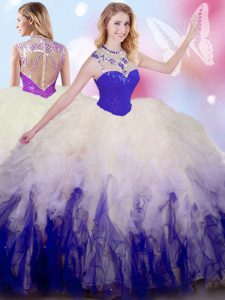Sleeveless Tulle Floor Length Zipper Sweet 16 Quinceanera Dress in White And Purple with Beading and Ruffles