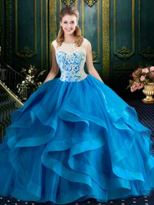 Comfortable Blue Quince Ball Gowns Military Ball and Sweet 16 and Quinceanera and For with Lace Scoop Sleeveless Brush Train Zipper