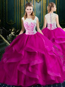 Brush Train Ball Gowns Party Dress Wholesale Fuchsia Square Tulle Sleeveless With Train Clasp Handle