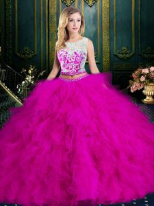 Scoop Fuchsia Sleeveless Tulle Zipper Ball Gown Prom Dress for Military Ball and Sweet 16 and Quinceanera