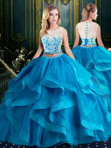 Scoop Baby Blue Sleeveless Tulle Brush Train Zipper 15 Quinceanera Dress for Military Ball and Sweet 16 and Quinceanera