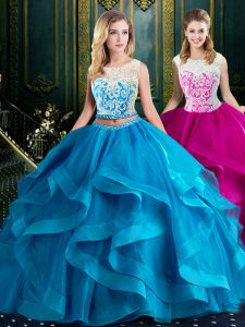 Custom Design Scoop With Train Two Pieces Sleeveless Baby Blue Sweet 16 Quinceanera Dress Brush Train Zipper