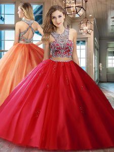 Red Criss Cross Scoop Beading and Appliques Quince Ball Gowns Tulle Sleeveless Brush Train