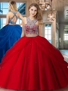 Fashion Scoop Red Sleeveless Floor Length Beading and Pick Ups Criss Cross 15th Birthday Dress