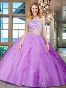 Elegant Lilac Backless Scoop Beading and Ruffles Quinceanera Gowns Tulle Sleeveless