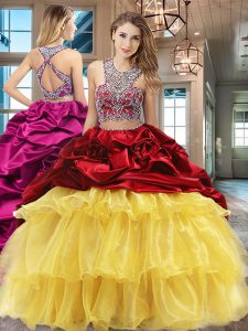 Organza and Taffeta Scoop Sleeveless Brush Train Criss Cross Beading and Ruffled Layers and Pick Ups Quinceanera Dress in Multi-color