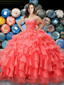 Coral Red Sweetheart Neckline Beading and Ruffles Vestidos de Quinceanera Sleeveless Lace Up