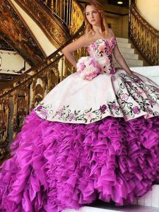 Spectacular Sleeveless Floor Length Appliques and Embroidery Lace Up 15th Birthday Dress with Pink And White