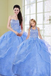 Floor Length Lace Up 15 Quinceanera Dress Light Blue for Military Ball and Sweet 16 and Quinceanera with Beading