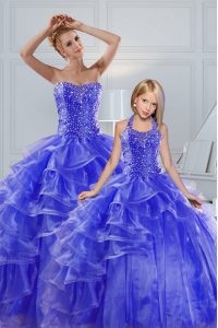 Ruffled Floor Length Ball Gowns Sleeveless Blue 15th Birthday Dress Lace Up