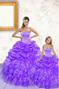 New Style Lavender Ball Gowns Organza Sweetheart Sleeveless Beading and Ruffles and Pick Ups Floor Length Lace Up Sweet 16 Dress