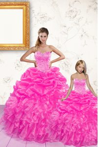 Glittering Hot Pink Ball Gown Prom Dress Military Ball and Sweet 16 and Quinceanera and For with Beading and Ruffles and Pick Ups Sweetheart Sleeveless Lace Up