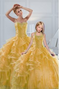 Suitable Gold Sleeveless Beading and Ruffled Layers Floor Length Sweet 16 Dresses