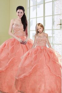 Sequins Watermelon Red Sleeveless Organza Lace Up Sweet 16 Dress for Military Ball and Sweet 16 and Quinceanera